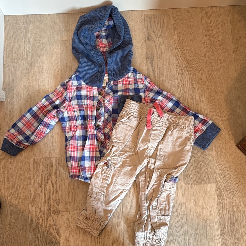 Plaid Hoodie and Tan Pants Kids Matching Set